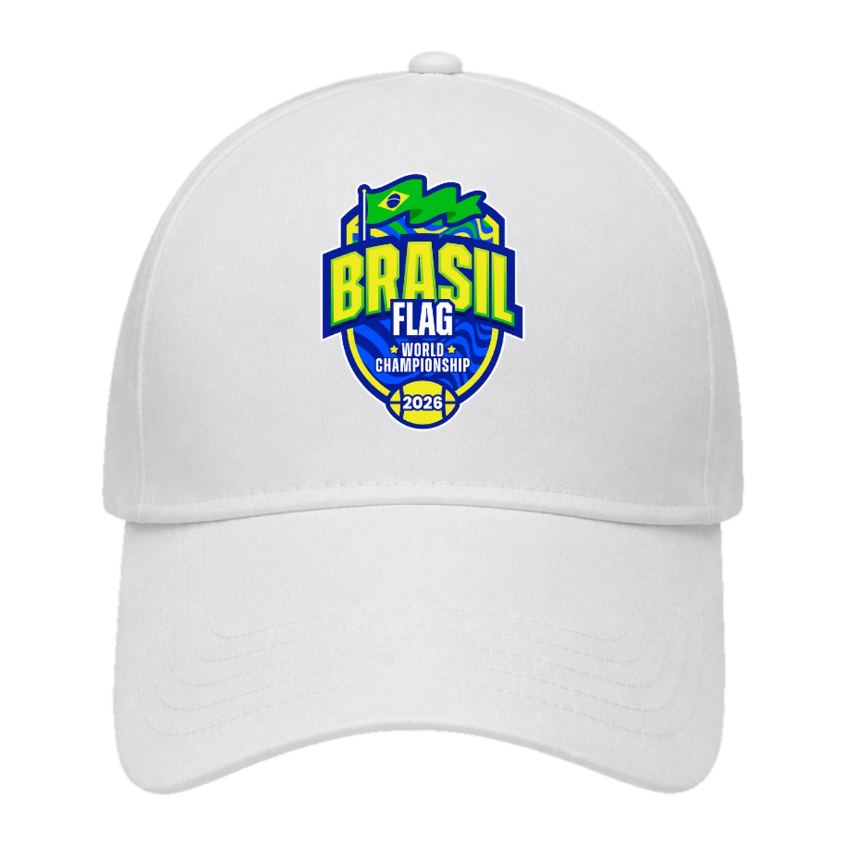 Boné de aba curva branco com o escudo colorido do Brasil Flag World Championship 2026