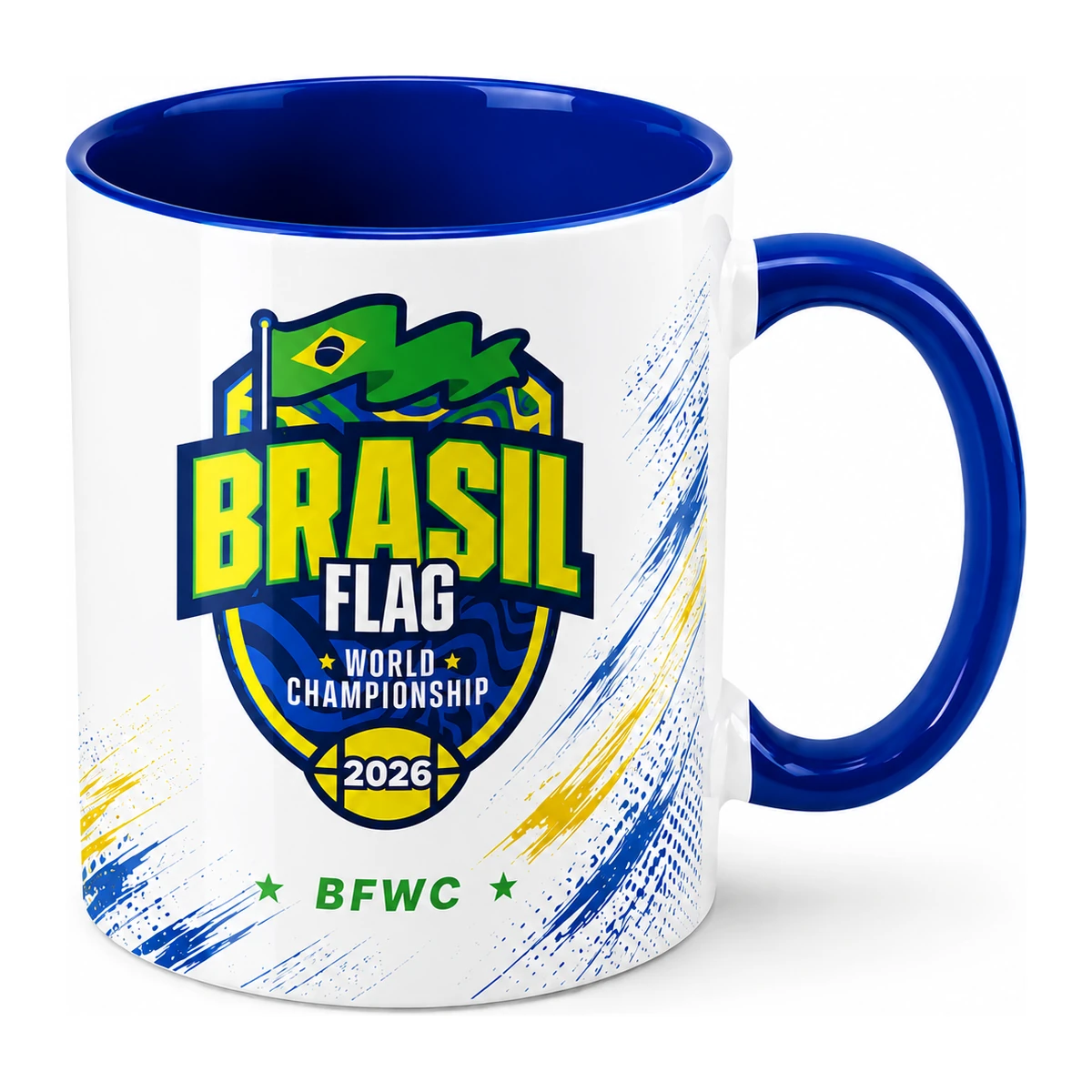 Caneca branca com alca azul e o escudo Brasil Flag World Championship 2026