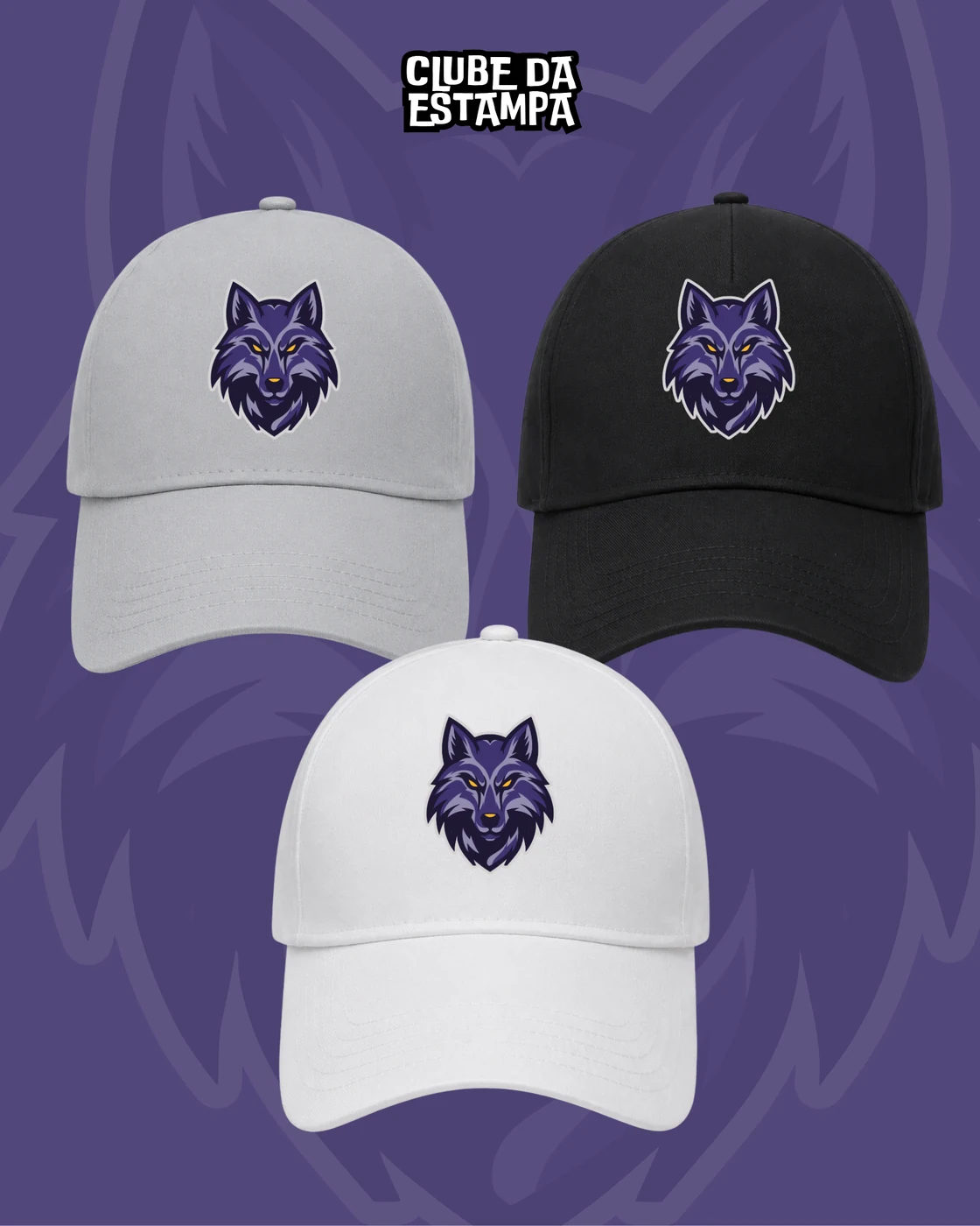 Bonés BH Wolves com o mascote lobo em cinza, preto e branco