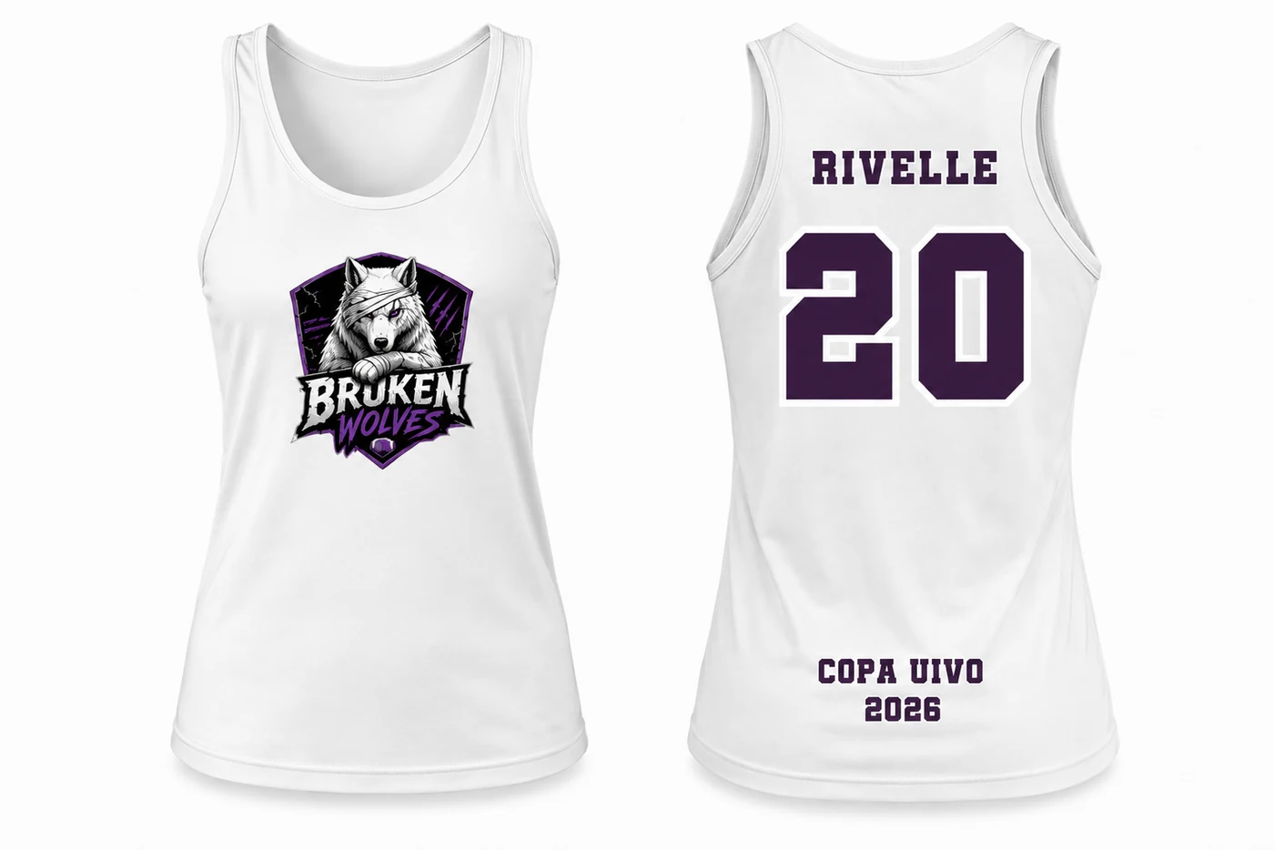 Regata de jogo feminina branca Broken Wolves Copa Uivo 2026, frente e costas